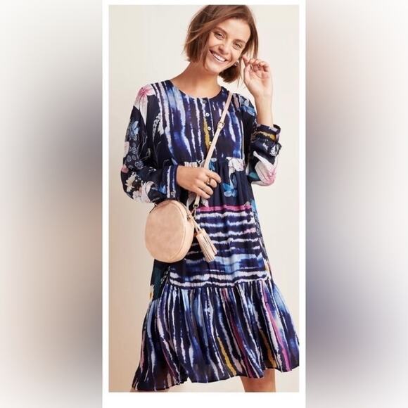 Anthropologie Bl^nk London Meridian Blue Drop Waist Long Sleeve Dress - Picture 1 of 9